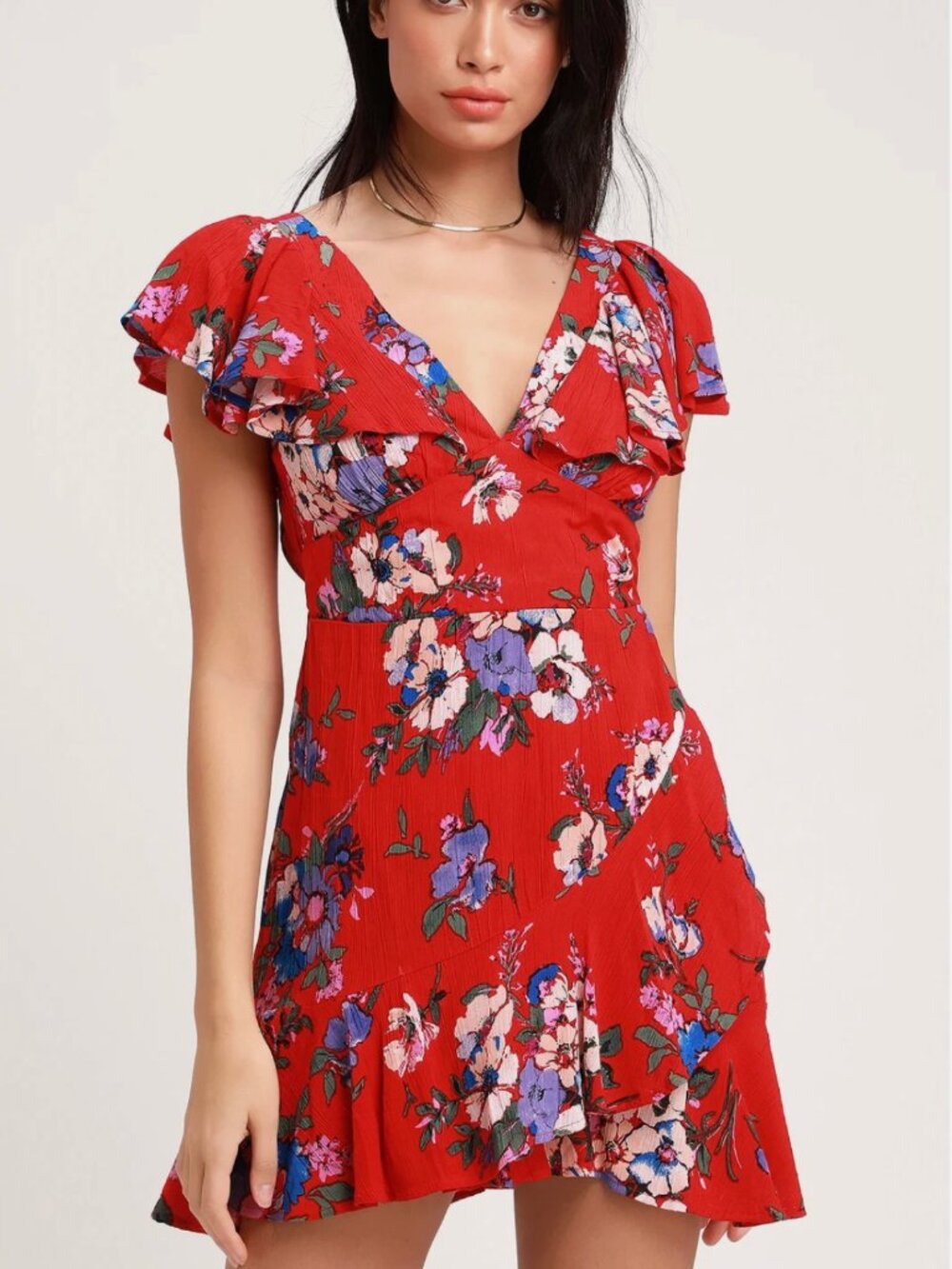 Band Of Gypsies Maldives Red Floral Print Ruffled Dress Medium